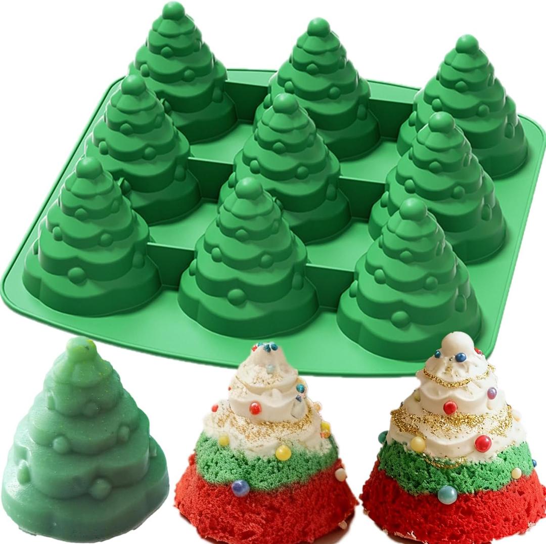 3D Christmas Tree Silicone Mold, Xmas Tree Pan Silicone Molds Christmas Cake Mold for Mousse Cake Muffin Baking, Ice Cube, Jello, Chocolate, Soap, Lotion Bar, Bath Bomb, Candle, Home Decor (green)