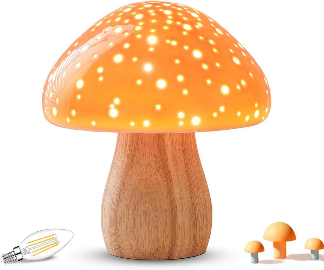 BOHON Mushroom Lamp, Ceramic Bedside Table Lamp for Bedroom Nightstand, Retro Vintage Orange Night Light, Small Aesthetic Lamp for Living Room Desk Home Decor, LED Bulb Included, Orange
