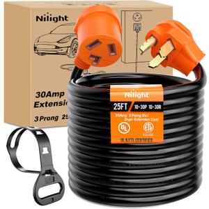 Nilight 25FT EV Dryer Extension Cord 3 Prong 30 Amp NEMA 10-30P 10-30R Old Extensions Cable Heavy Duty 10 Gauge Pure Copper Wire UL Listed 125/250V for Level 2 Using