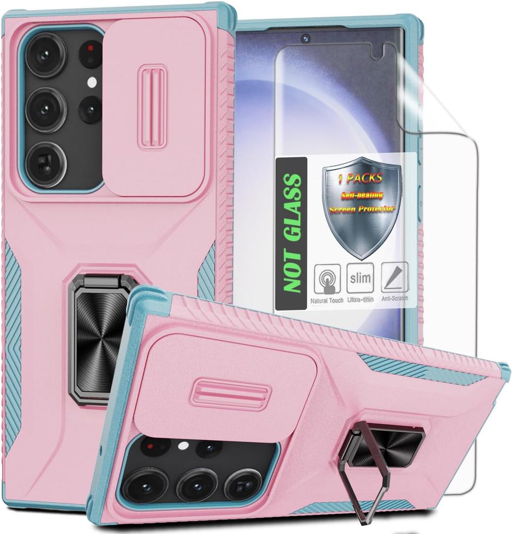 for Galaxy S22 Ultra Case with Sliding Camera Lens Cover,HD Screen Protector,360 Rotating Kickstand,AYMECL Military-Grade Shockproof Protective Cover for Samsung Galaxy S22 Ultra,Pink+Turquoise