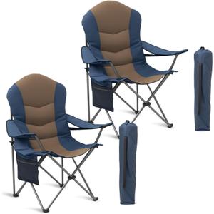 2 Pack Folding Camping Chairs for Adults - High Back Padded Outdoor Lawn Chairs with Lumbar Support & Cup Holder, 400lbs Heavy Duty Portable Camping Chairs Set (Light Blue & Brown, 2 PCS)
