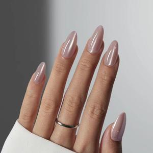 CTTHNBD Press on Nails Almond - Pink Fake Nails with Glossy Glitter Design - Medium False Nails Press ons - for Women 24 Pcs