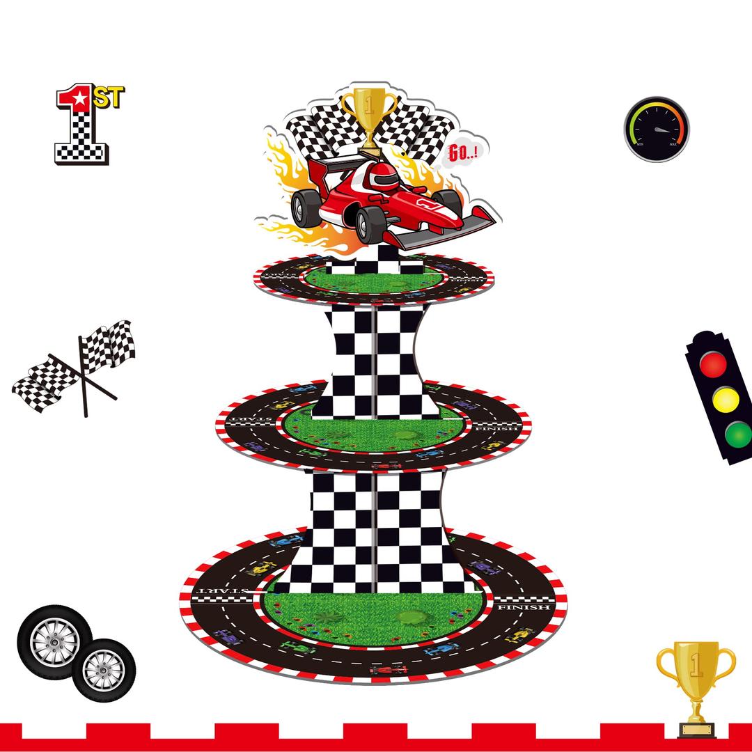 CC HOME Racing Cupcake Stand 3 Tier Racing Car Party Supplies Cake Stand Sliding track Racing Flag 3 Tier Cake Cupcake Stand for Kids Birthday Party Decorations