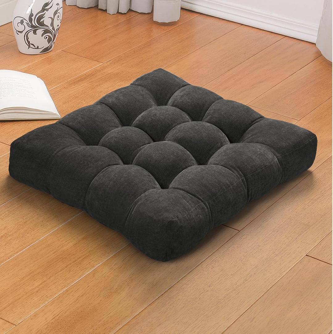 Large Floor Pillow for Adults/Kids, 22x22x4 inches Square Meditation Pillows for Sitting On Floor, Comfort Chenille Circle Floor Cushion, Memory Foam Filling for Yoga, Living Room, Dark Gray