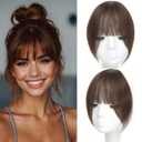 Clip in Bangs, 100% Real Human Hair French Fake Bangs Hair Clip for Women Brown Natural Curtain Fringe with Temples Hairpieces for Daily Wear（French,Brown）