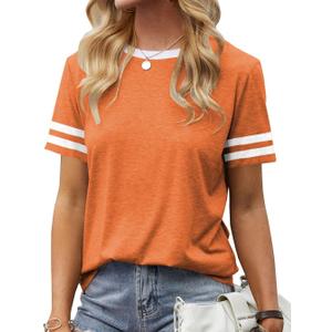 Womens T Shirt Short Sleeve Crew Neck Basic Color Block Tee Tops (Orange, M)