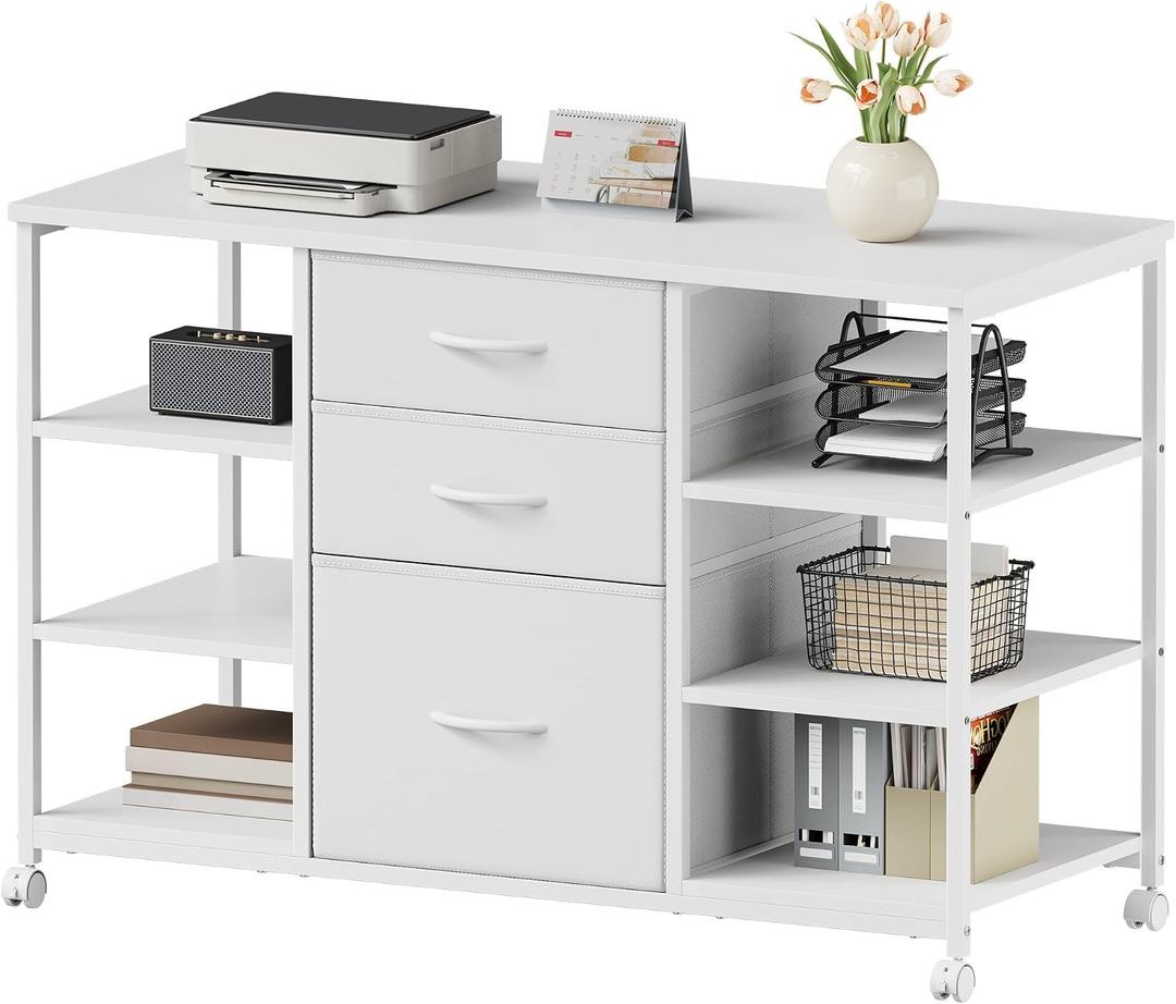 YeTom Mobile File Cabinet,Lateral Filing Cabinet with 3 Fabric Drawers,Rolling Printer Stand with 4 Open Storage Shelf for Home Office, White