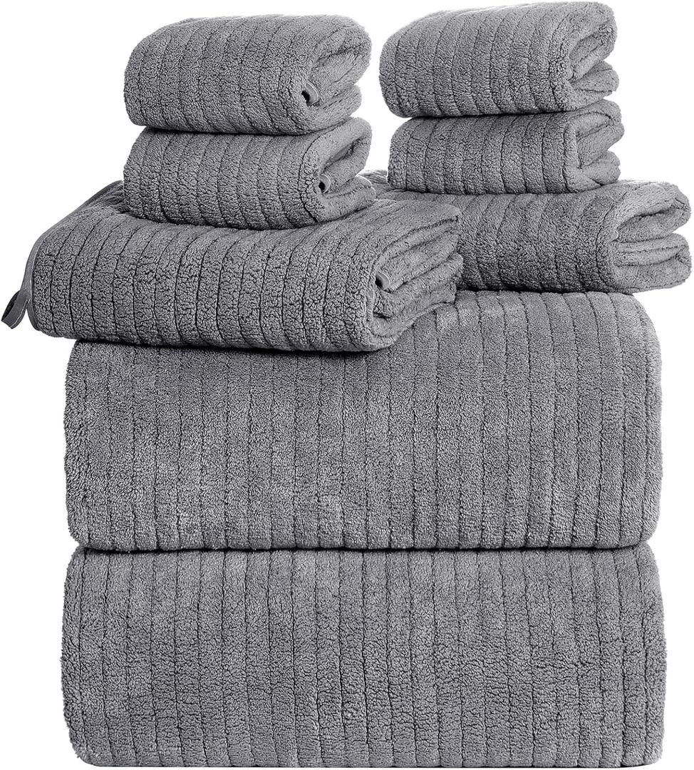 Oversized Bath Towels 8 Piece Towel Set, 2 Extra Large Bath Sheets, 2 Hand, 4 Washcloths, Luxury Soft Super Absorbent Thick Shower Towels for Bathroom, Spa & Hotel, Quick Dry, Grey