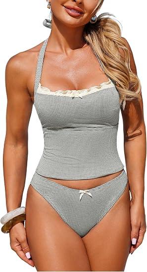 ZAFUL Halter Tummy Control Swimsuits for Women Strapless Tankini 2026 Resort Vacation Bowknot Two piece Set for Teens S