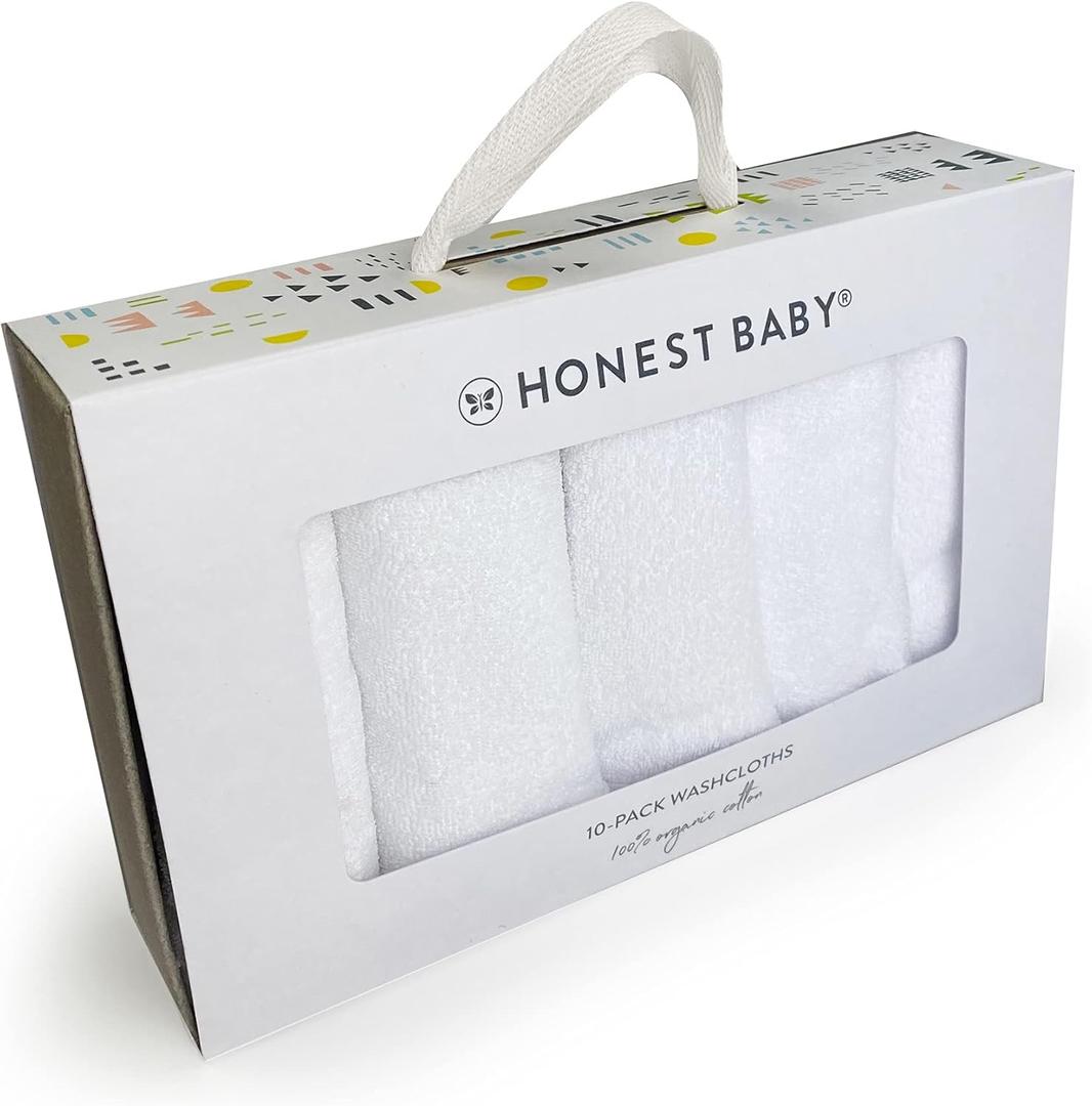 HonestBaby 10-Pack Terry Wash Cloths in Gift Box 100% Organic Cotton for Infant Baby Boys, Girls, 10-Pack White, One Size
