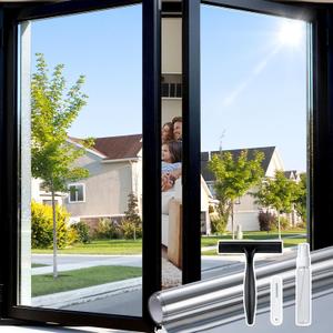 rabbitgoo One Way Window Privacy Film Tint with 3 Tools for Home, Sun Heat UV Blocking Control Reflective Adhesive Mirror Tint See Out Not in Office Door Covering, Silver, 17.5 x 78.7 inches