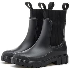 Women's Waterproof Lug Sole Chelsea Ankle Boots fashion slip-on Platform Chunky Heel Combat booties Casual Comfortable non-slip outdoor work Rain shoes Boots (9, Black)