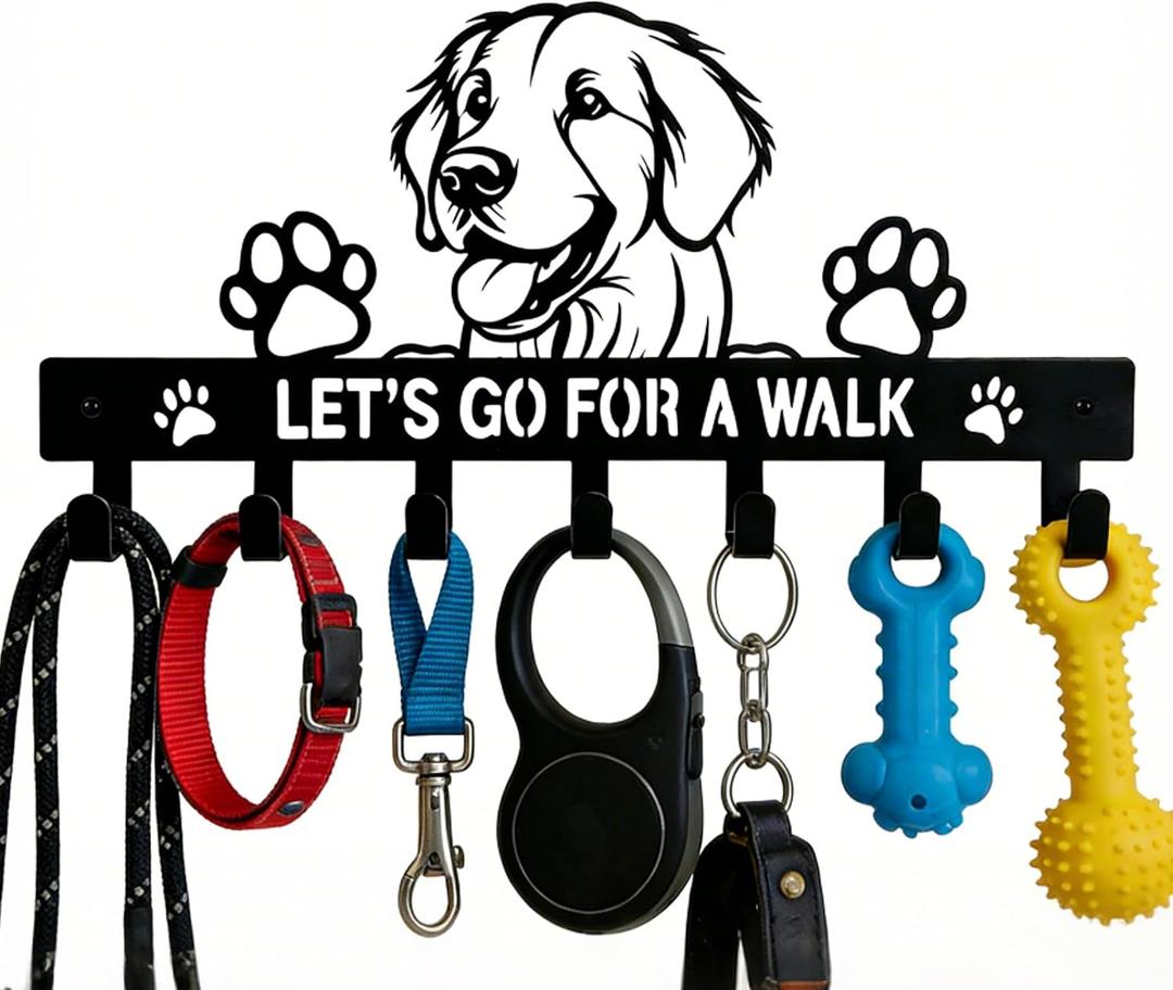 Golden Retriever Key Holder, Dog Leash Holder for Wall with 7 Hooks, Black Decorative Small Key Hanger for Entryway&Front Door, Golden Retriever Decor Accessories Gift, Dog Storage Organizer