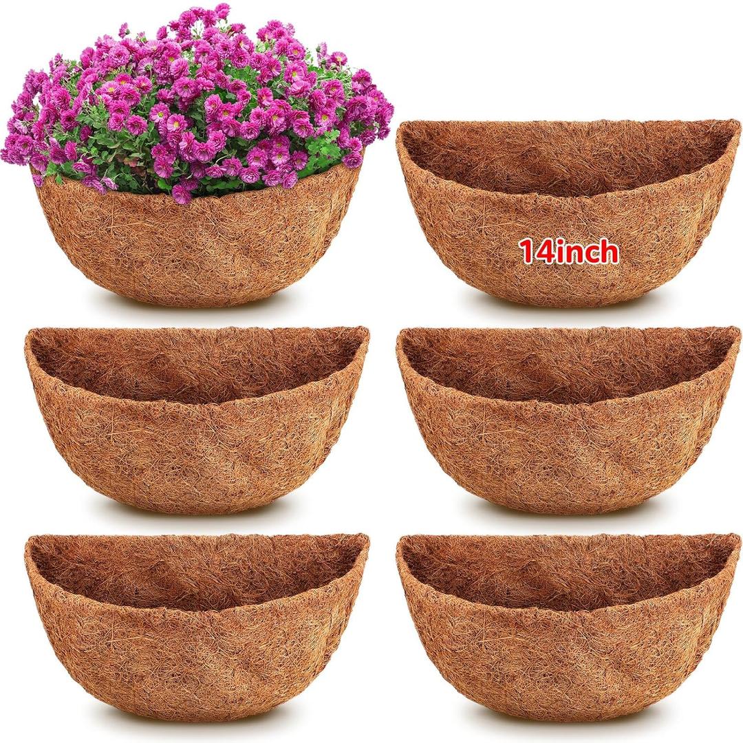 6 Pcs 14 Inch Half Round Replacement Coco Liner Half Circle Coconut Fiber Replacement Coco Liners Hanging Basket for Hanging Basket Wall Hanging Baskets Garden Planter Flower Pot