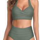 Women Two Piece Vintage Swimsuit Retro Halter Ruched High Waist Bikini with Bottom (Medium, Olive Green)