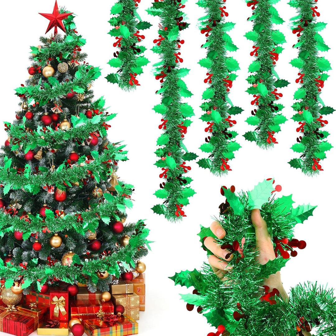 Dilunave 40ft Green Christmas Tinsel Garland with Red Berries - Metallic Twist Shiny Hanging Ornament for Xmas Tree, Home Stairs, Indoor Outdoor Party Decoration