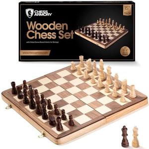 Chess Armory Wooden Chess Set 15 Inch - Classic Handcrafted Game Board for Adults and Kids with Extra Queen Pieces and Storage Box - Ideal for Home and Travel - Non-Magnetic