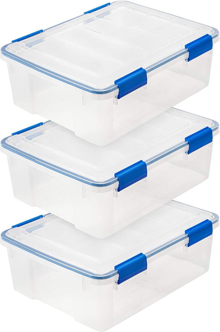 IRIS USA WeatherPro 27 Qt Storage Bins with Lids, 3 Pack, BPA-Free Plastic Gasket Box with Tight Latch and Seal, Stackable Nestable Tote Tub - Clear/Blue