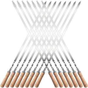 Idong 15 PCS Kabob Skewers 23.6" Large Size Flat Stainless Steel BBQ Skewers for Grilling Meat with Wood Handle, Reusable Metal Grilling Set for Koobideh Persian Shrimp Chicken Vegetable Kebab Fork