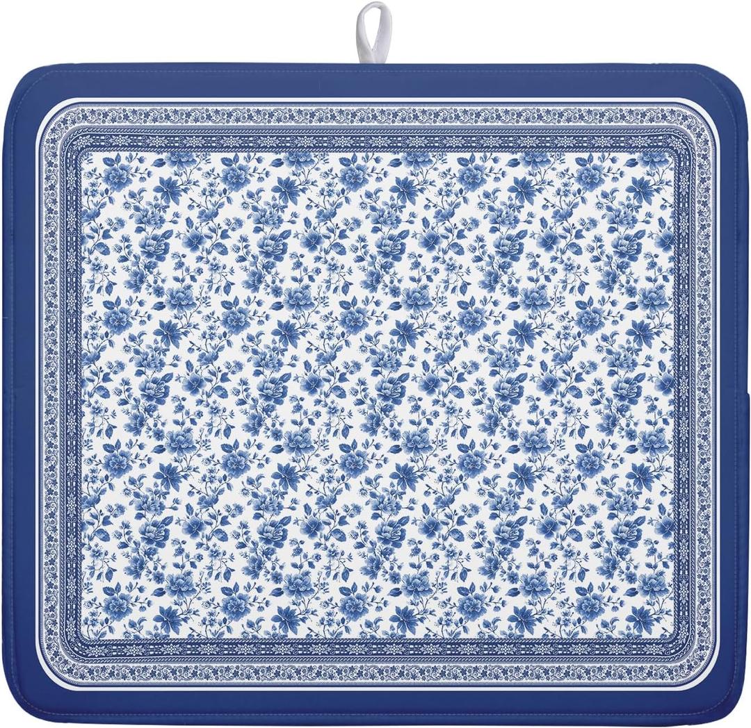 Blue Floral Branches Dish Drying Mat for Kitchen Counter Chinoiserie Pattern Dish Drying Pad 16x18Absorbent Vintage Flowers Decor Dishes Drainer Pad Dish Dry Rack Mat for Counter Coffee Bar