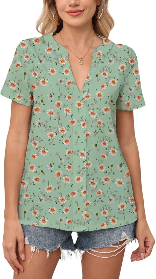 2025 Womens Summer Tunic Tops Casual Dressy V Neck Blouse Loose Fit Short Sleeve T Shirts(Large,Green Daisy)