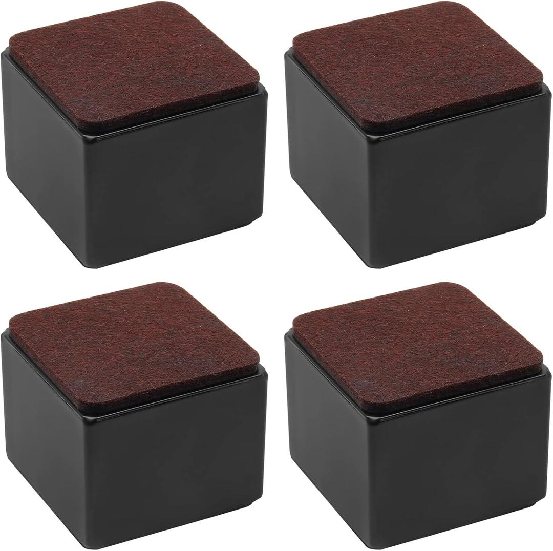4 Pcs Self-Adhesive Furniture Bed Risers, Square Heavy Duty Carbon Steel Table Sofa Risers Adds 2" Height with Felt Pad, Black