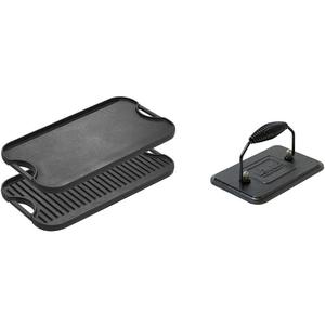 Lodge LPGI3 Cast Iron Reversible Grill/Griddle, 20-inch x 10.44-inch, Black & LGP3 Rectangular Cast Iron Grill Press, Pre-Seasoned, 6.75-inch x 4.5-inch