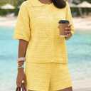 Fisoew Womens Summer 2 Piece Crochet Beach Outfit Cover Ups Button Cardigan Loose Knit Shorts Sets Vacation Swimsuit (Yellow, S)