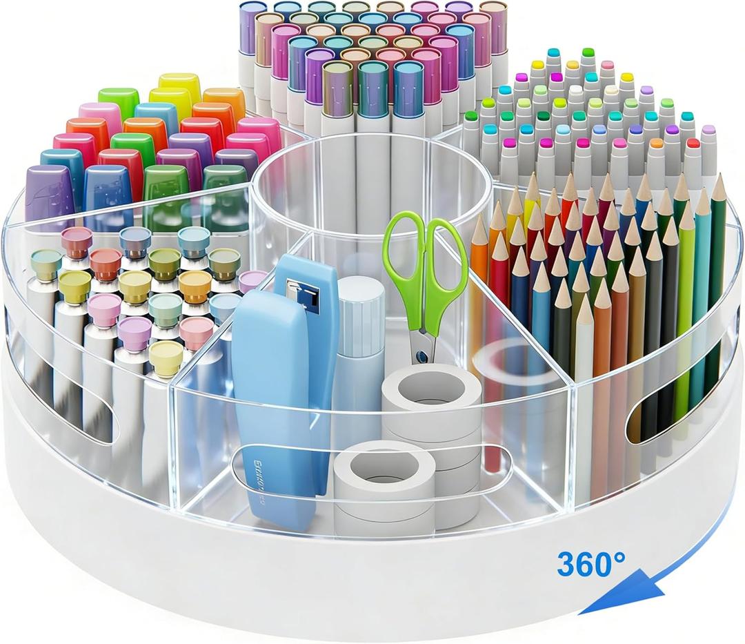 Rotating Pen Organizer for Desk, White Base & Acrylic Pen Holder, 360 Smooth Spinning Desk Organizer with 7 Removable Compartments for Office, Home, Classroom, Marker Organizer