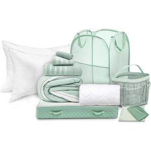 Hearth & Harbor Complete Dorm Room Set, Twin XL Comforter Set, Sheet Set, Pillows, Mattress Protector, Towels and Organizers - All Dorm Accessories Included (Complete Kit with Down Alternative Pillows, Sage)