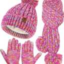 2 x Kids Winter Hat Gloves Scarf Set, Girls Boys Toddler Winter Hat Beanie Pom Knitted Scarves Mittens Fleece Lined Age 5-12