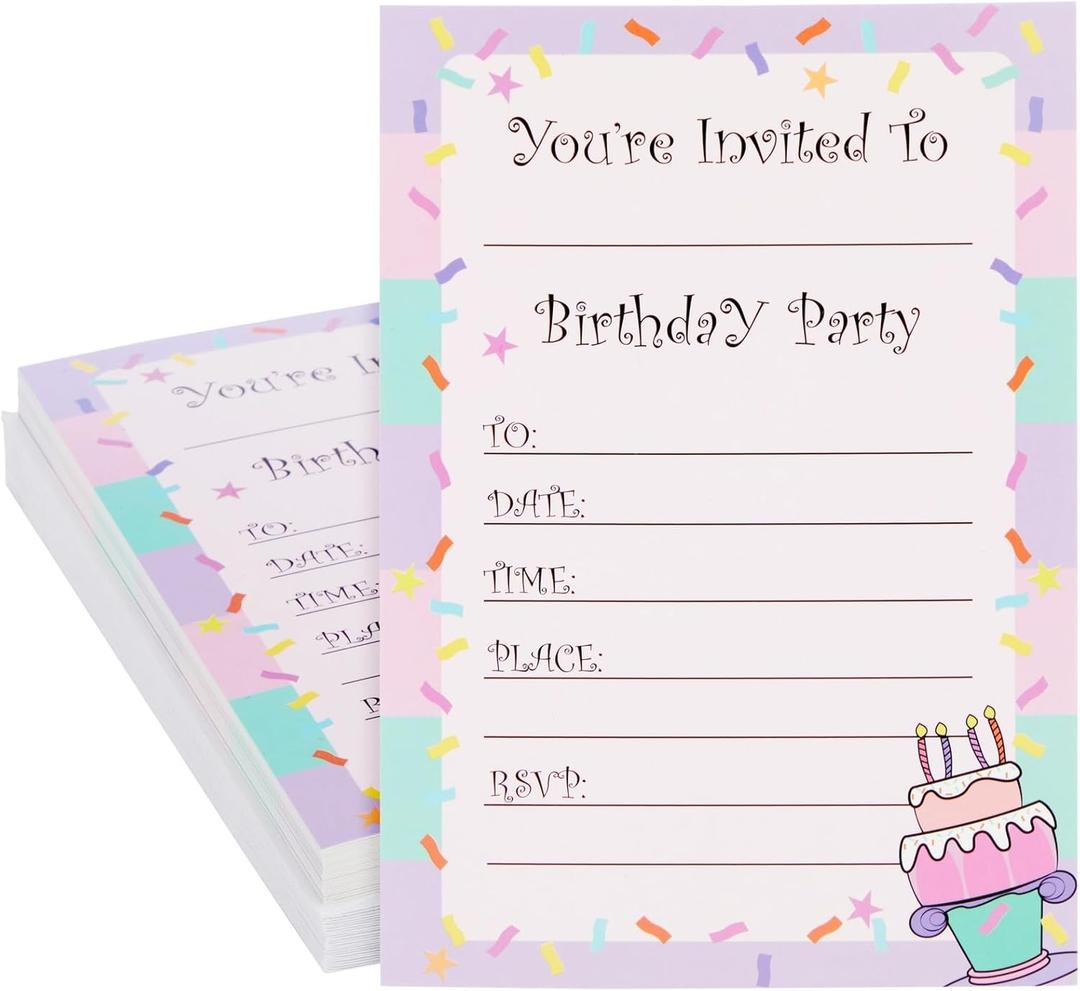 Juvale 24 Pack Birthday Invitations for Girls, Fill-In Invite Cards with Envelopes, Confetti Design (5x7 In Party Invites)