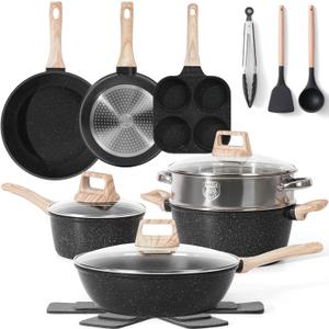 17 Pcs Pots and Pans Set Non Stick Kitchen Cookware Sets Nonstick Induction Cookware Non-toxic Black Granite Cooking Tools with Stay-Cool Handles, Pot Protectors (PFOS/PFOA Free)