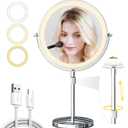 9in Vanity Mirror with Lights, Rechargeable 5000mAh Lighted Makeup Mirror, 1X/20X Double Sided Magnifying Mirror, 360° Rotate, 3 Color Lights, Up to 3800lux with 60 LEDs, Brightness Adjustable,Silvery