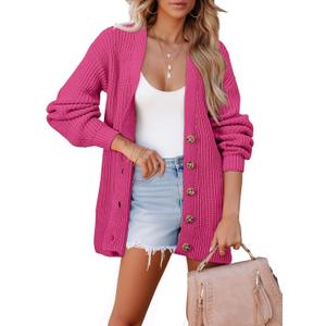 SHEWIN Womens Oversized Long Cardigan Sweaters Open Front Button Long Lantern Sleeve Knit Chunky Sweater Outerwear Coats (Pink, XXL)