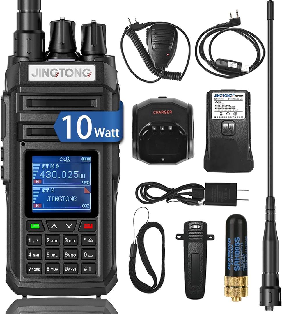 JINGTONG JT-3988 ham Radio Walkie Talkie 10Watt Handheld Dual Band Two Way radios Long Range, 2600mAh Type-c Rechargeable Battery, NOAAham Radio Handheld Multi-Band Receive and Transmit