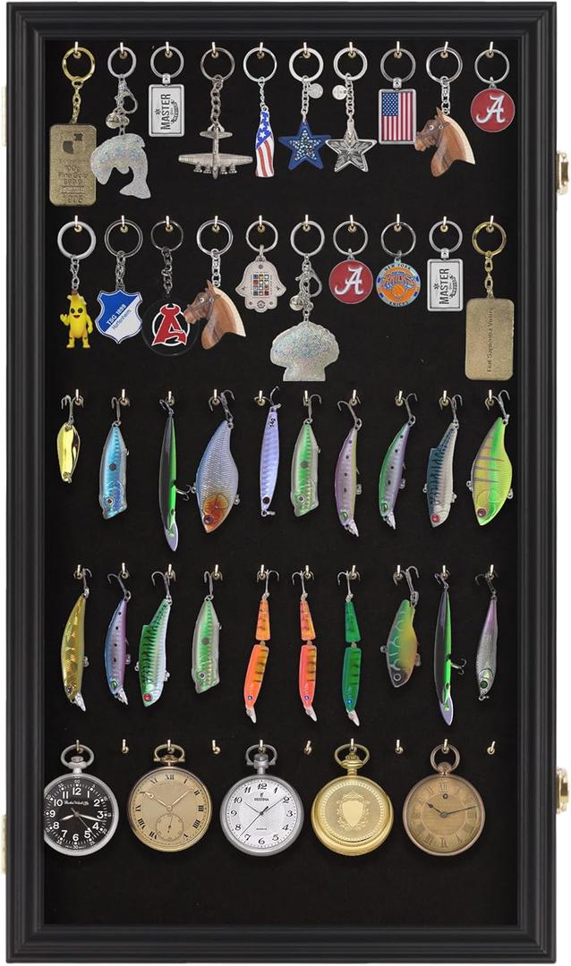 Display Case Wall Cabinet - Keychain Display Case , Fishing Lures Baits Display Case, Pocket Watches Display Case - Keyring Collection Display Home and Kitchen - Black Finish