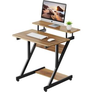 Dripex Computer Desk for Small Spaces, Z Shaped Small Computer Desk, 27.5 inch Compact Desk with Monitor Shelf and Bottom Storage Shelves, Space Saving Desk, Walnut