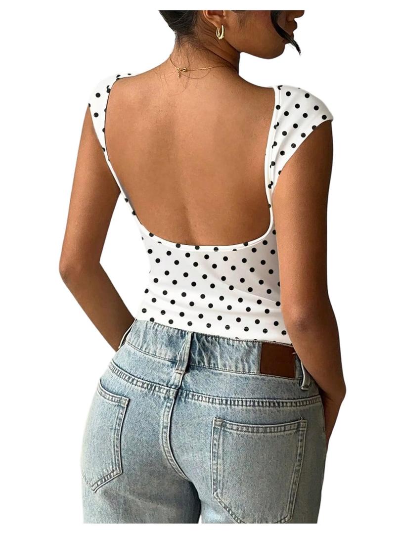 BEAUDRM Women's Y2k Polka Dots Backless Tops Boat Neck Crop Tops Cap Sleeve Going Out Party Rave Date Night Outfits White Small (S)