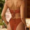 ZAFUL Women Strapless Textured Bandeau Bikini 2 Piece Swimwear Cheeky Solid Lace up Bathing Suits (Brown, M)