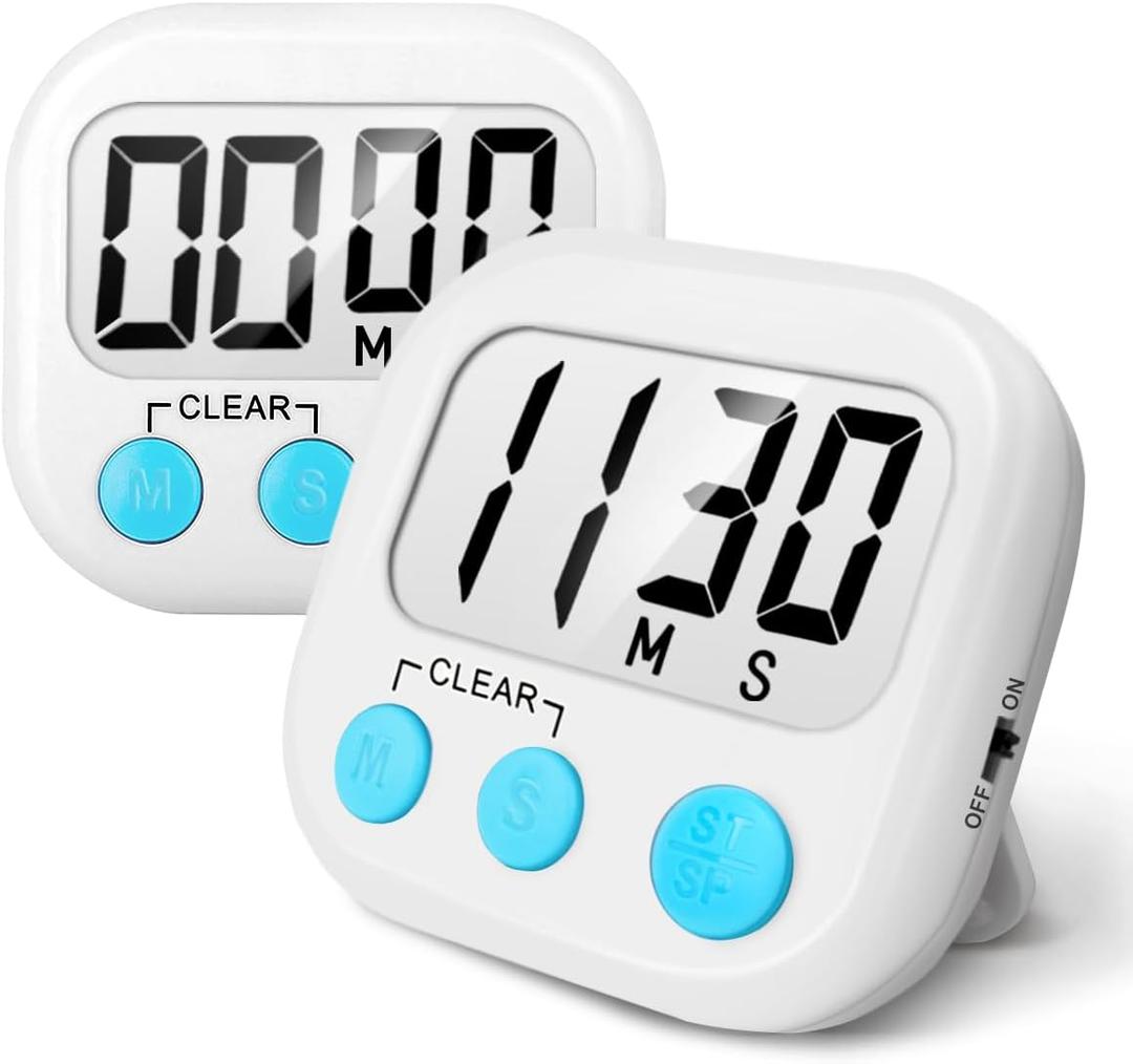 2 Pack Digital Kitchen Timer for Cooking Big Digits Loud Alarm Magnetic Backing Stand Cooking Timers for Baking White