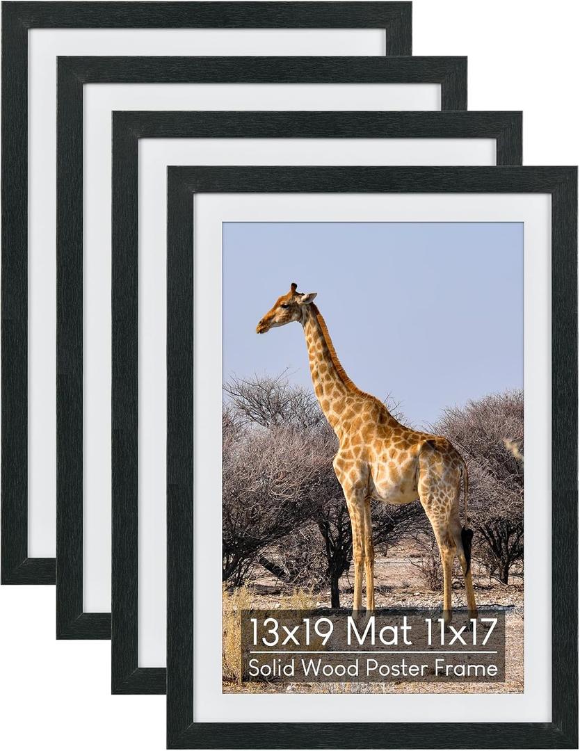 13x19 Wooden Poster Frame Set of 4 (with 11x17 Mat), Solid Wood with Plexiglass, Wall Mount Display, Large Picture Frames Collage Wall Dcor, Black