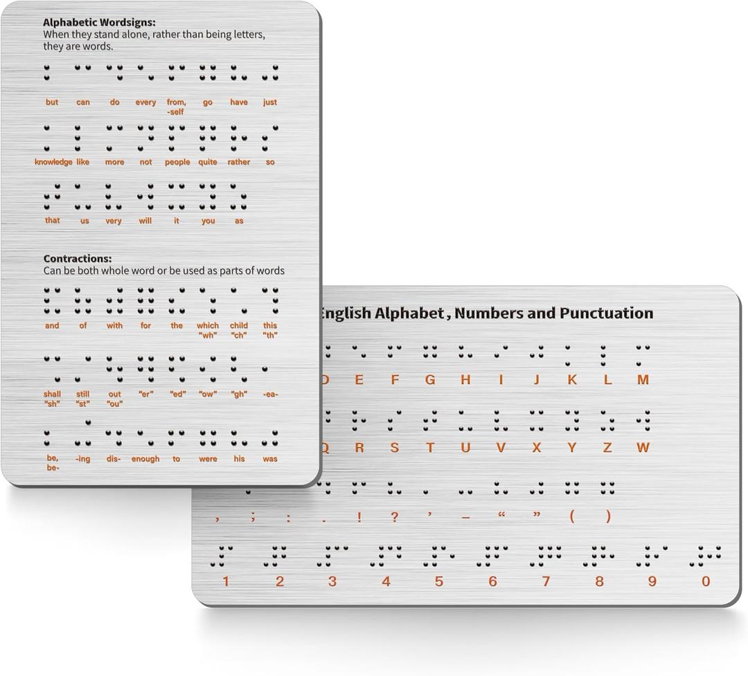 2PK Braille Alphabet Board - Raised Dots for Braille Beginners, Sturdy Aluminum Braille Learning Tool with Letters, Numbers & Contractions (Patent Pending)