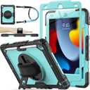 SEYMAC stock Case for iPad 9th/ 8th/ 7th Generation 10.2'', Shockproof with Screen Protector, Pencil Holder [360 Rotating Hand Strap] & Stand, for iPad 10.2 inch 2021-2019 (SkyBlue+Black)