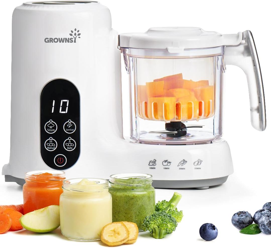Grownsy Baby Food Maker with Steam Basket, One Step Baby Food Processor Steamer Puree Blender Grinder Mills Machine, Auto Cooking Grinding and Sterili-zing for Healthy Homemade Baby Food, BPA-Free, White