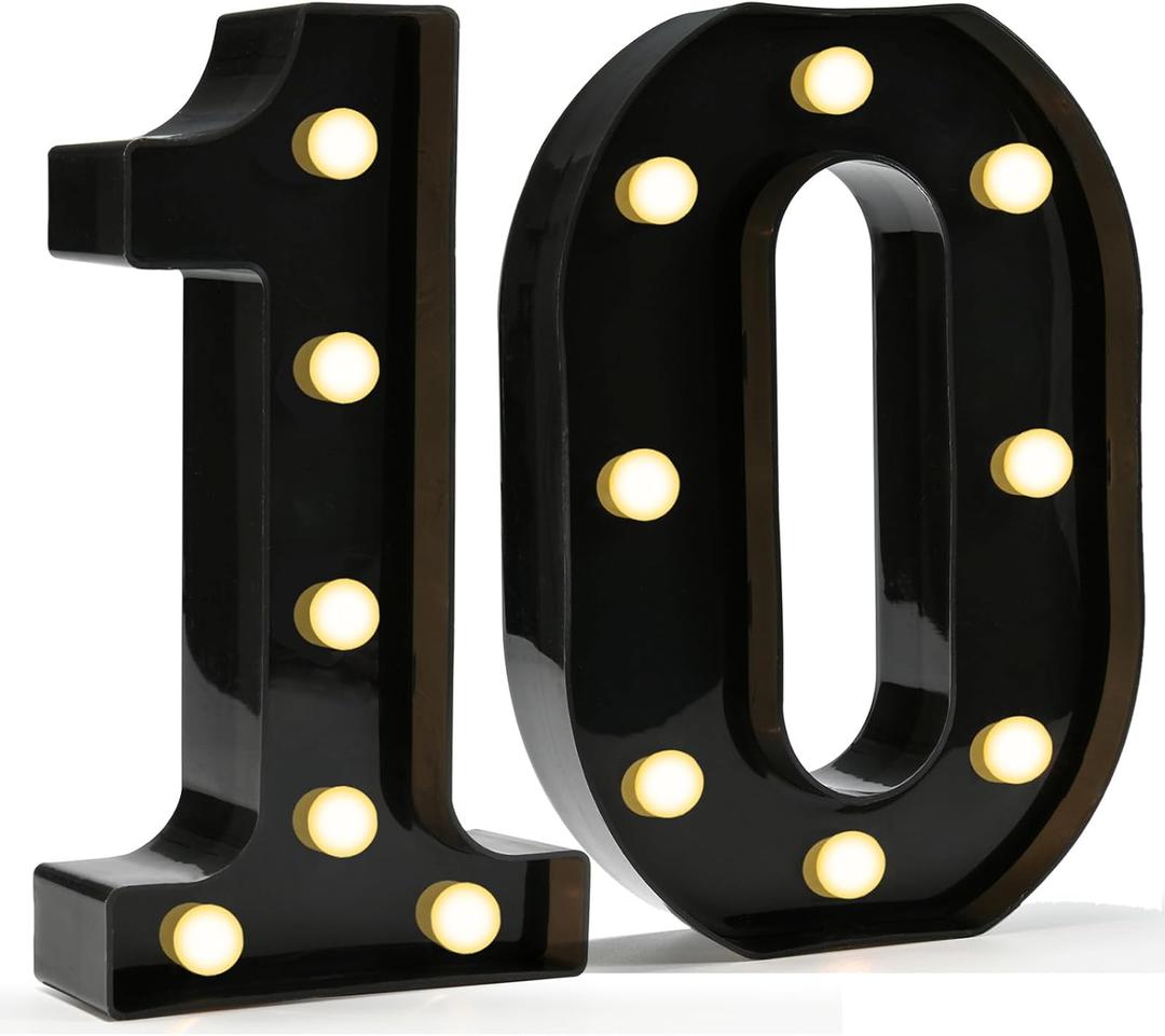 Pooqla Decorative Led Light Up Number Letters, Black Plastic Marquee Number Lights Sign for 10th Birthday Party Wedding Decor Battery Operated Black Decoration 10 (8.86 in)