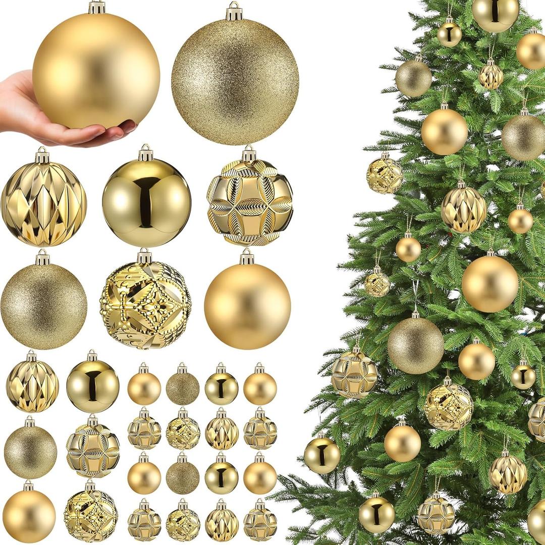 Soulchen 46 Pcs Gold Christmas Balls Ornaments Set, 3.94/3.15/2.36/1.57 Inch Shatterproof Christmas Tree Hanging Plastic Balls Xmas Ornaments Decor for Xmas Tree Wreath Party Decoration Supplies