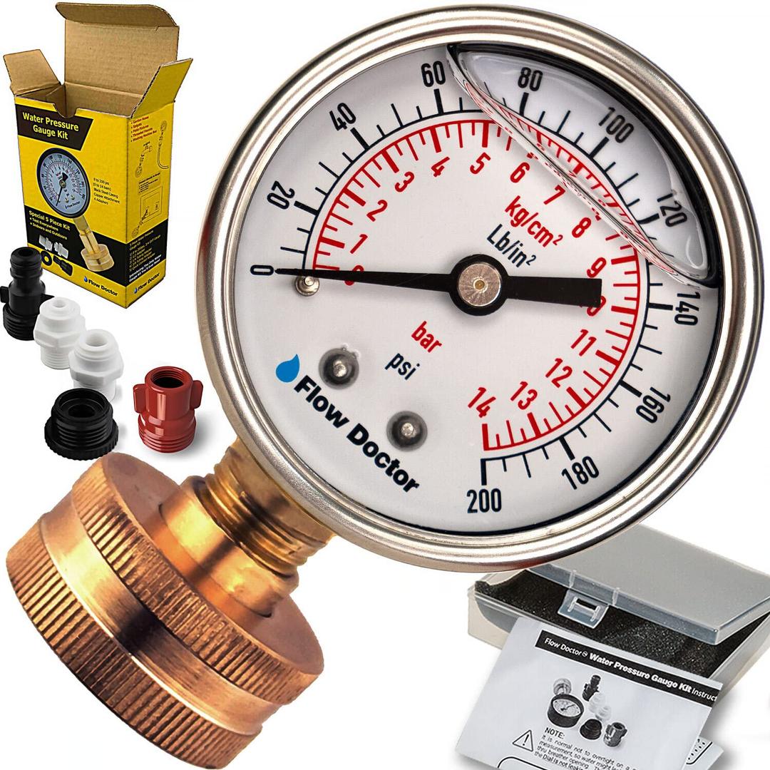 Water Pressure Glycerin Filled Gauge Kit, All Purpose, 6 Parts Kit, 0 To 200 Psi, Standard 3/4" Female Garden Hose Thread Plus 5 Adapters To Test in Multiple Locations Indoors and Outdoors