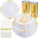 Nervure 350PCS Gold Plastic Dinnerware - White and Gold Disposable Plates for 50 Guests - 100 White Disposable Plates, 150 Plastic Silverware, 50 Cups, 50 Napkins for Wedding & Party
