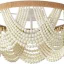 20-inch White Boho Chandelier Large Wood Beaded Flush Mount Ceiling Light with Hand-Woven Shade for Bedroom, Bedroom, Living Room, Nursery Room 5-Lights